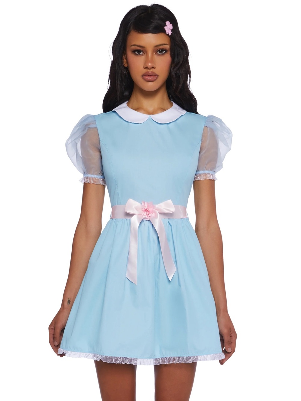 Light Blue Puff-Sleeve Kids Dress with Pink Satin Bow